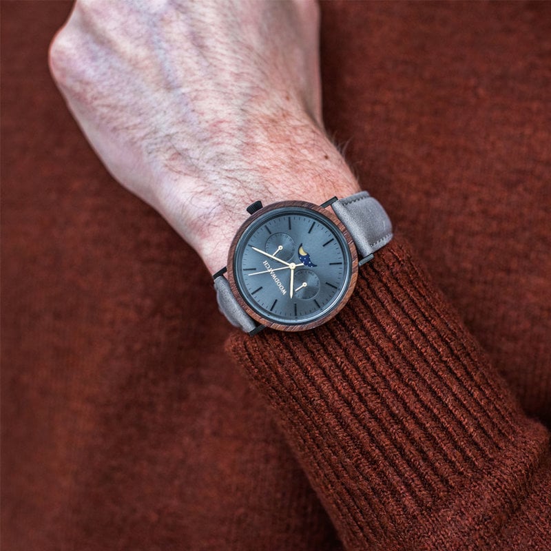 The ELEMENT Collection is comprised of four unique designs in the WoodWatch range, showcasing a combination of 316 stainless steel and wood. The 41mm diameter Iron Walnut Grey watch features our characteristic moonphase movement and two subdials to displa