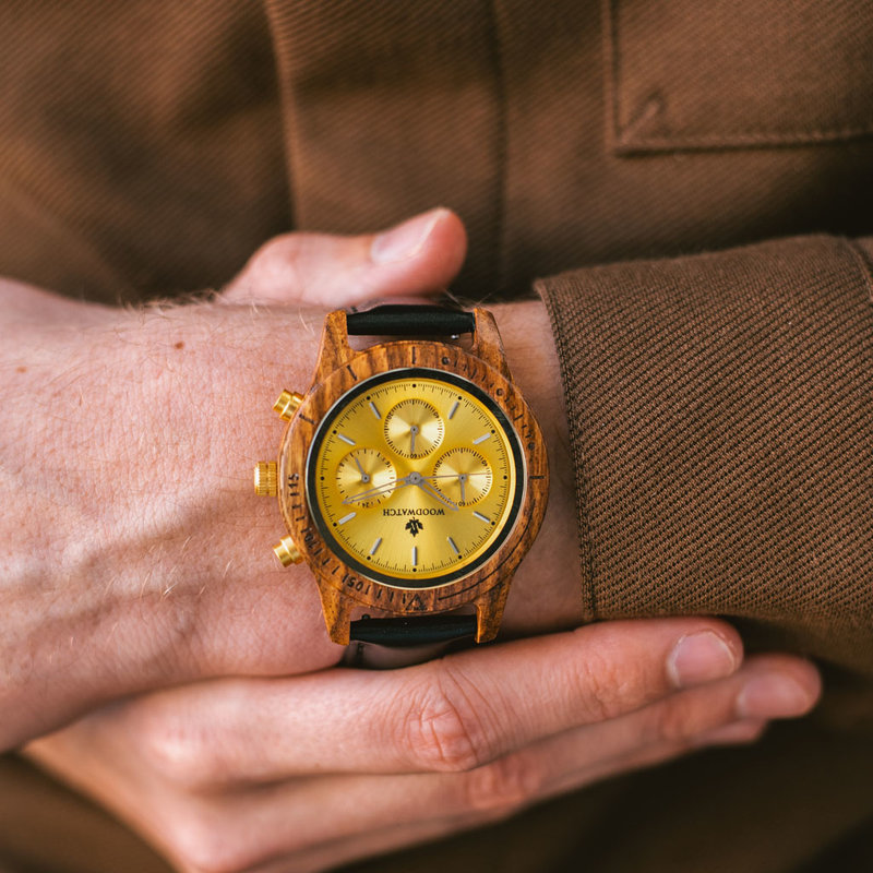 The CHRONUS Collection features a classic SEIKO VD54 chronograph movement, scratch resistant sapphire coated glass and stainless steel enforced strap links. The CHRONUS Tuscany Rise Jet is made of Kosso Wood from East Africa, and features a yellow dial. T