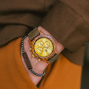 The CHRONUS Collection features a classic SEIKO VD54 chronograph movement, scratch resistant sapphire coated glass and stainless steel enforced strap links. The CHRONUS Tuscany Rise Khaki is made of Kosso Wood from East Africa, and features a yellow dial.