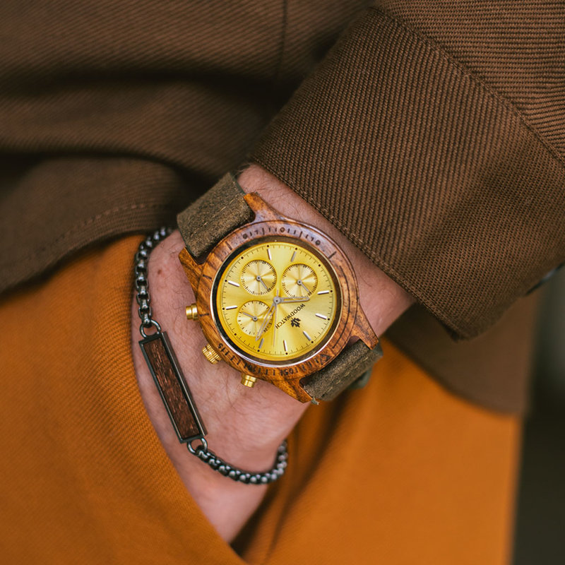 The CHRONUS Collection features a classic SEIKO VD54 chronograph movement, scratch resistant sapphire coated glass and stainless steel enforced strap links. The CHRONUS Tuscany Rise Khaki is made of Kosso Wood from East Africa, and features a yellow dial.