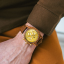 The CHRONUS Collection features a classic SEIKO VD54 chronograph movement, scratch resistant sapphire coated glass and stainless steel enforced strap links. The CHRONUS Tuscany Rise Pecan is made of Kosso Wood from East Africa, and features a yellow dial.