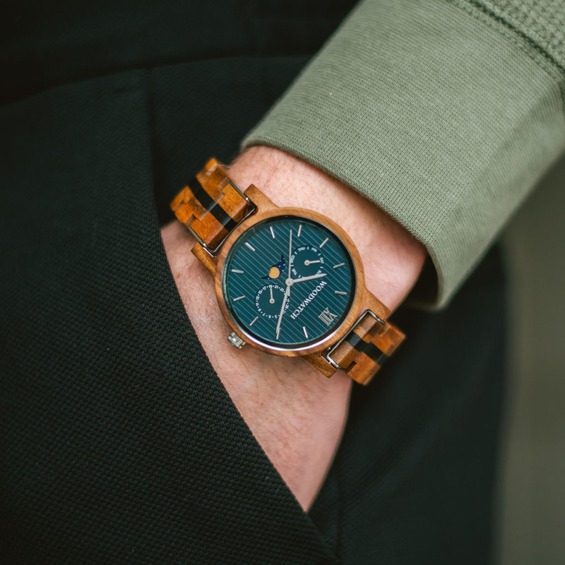 The CLASSIC Collection rethinks the aesthetic of a WoodWatch in a sophisticated way. The slim cases give a classy impression while featuring a unique a moonphase movement and two extra subdials featuring a week and month display. The CLASSIC Typhoon is ma