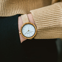 Inspired by contemporary Nordic minimalism. The NORDIC Copenhagen features a 36mm diameter white olive wood case with a white dial and gold details. Handmade from sustainably sourced wood and combined with an ultra soft beige sustainable vegan leather str