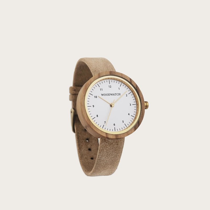 Inspired by contemporary Nordic minimalism. The NORDIC Copenhagen features a 36mm diameter white olive wood case with a white dial and gold details. Handmade from sustainably sourced wood and combined with an ultra soft beige sustainable vegan leather str