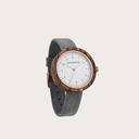 Inspired by contemporary Nordic minimalism. The NORDIC Oslo Grey features a 36mm diameter white zebra wood case with a white dial and rose gold details. Handmade from sustainably sourced wood combined with an ultra soft grey sustainable vegan leather stra