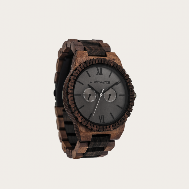 This premium designed watch combines unique new wood types with a luxurious stainless steel dial and backplate. At the heart of the timepiece comes an all new multi-function movement that includes two extra subdials featuring a week and month display. The