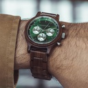 The Chrono Hunter is made from walnut wood and features a double layered dark green dial with silver details.