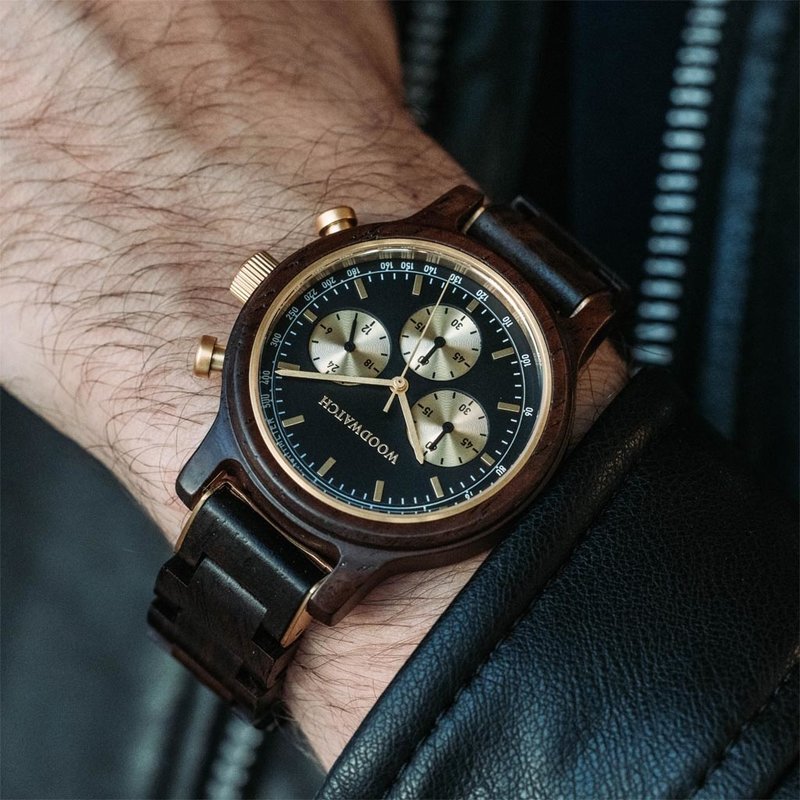 The Chrono Black Forest is made from leadwood and features a double layered deep black dial with golden details.