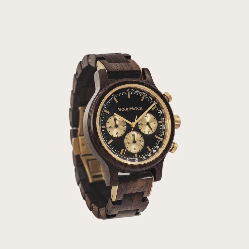 The Chrono Black Forest is made from leadwood and features a double layered deep black dial with golden details.