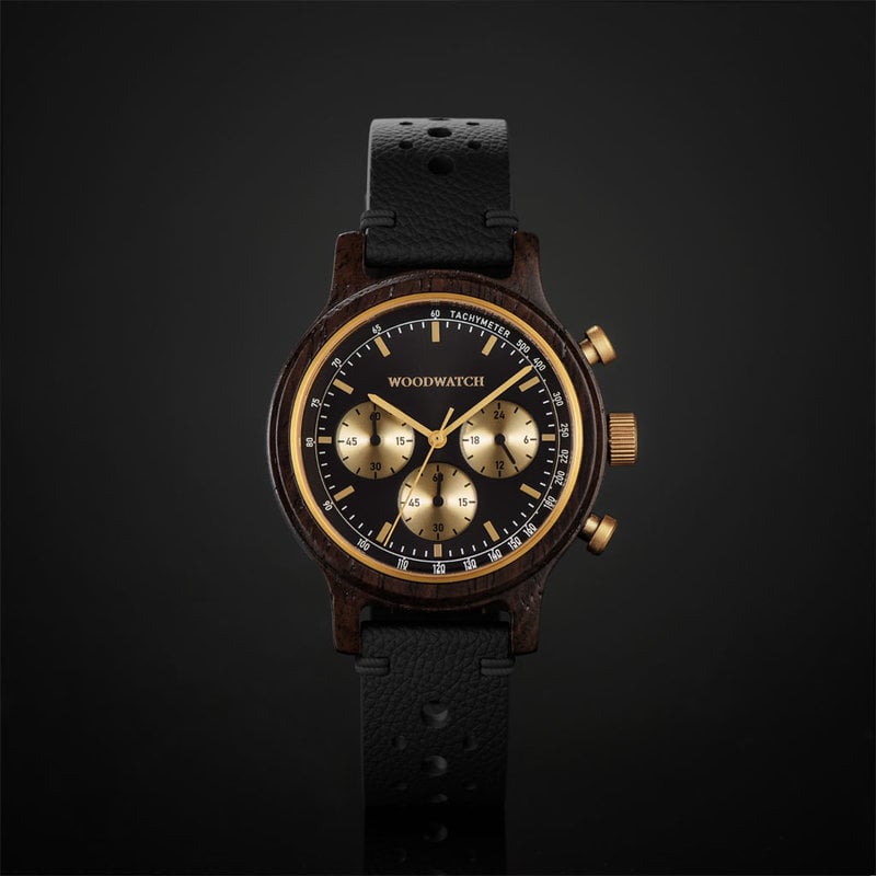 The Chrono Black Forest is made from leadwood and features a double layered deep black dial with golden details.