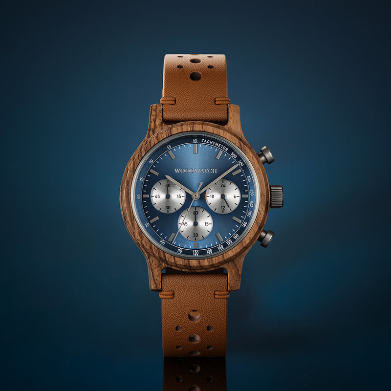 The Chrono Mariner Kosso is made from kosso wood and features a double layered blue dial with silver details.