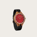 The AURORA Collection breaths the fresh air of Scandinavian nature and the astonishing views of the sky. This light weighing watch is made of kosso wood, accompanied by a red stainless-steel dial.Comes with a cactus leather strap in matching black, extrem