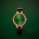 The AURORA Collection breaths the fresh air of Scandinavian nature and the astonishing views of the sky. This light weighing watch is made of olive wood, accompanied by a green stainless-steel dial with golden details.<br />
Comes with a cactus leather strap in