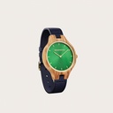 The AURORA Collection breaths the fresh air of Scandinavian nature and the astonishing views of the sky. This light weighing watch is made of olive wood, accompanied by a green stainless-steel dial with golden details.<br />
Comes with a cactus leather strap in