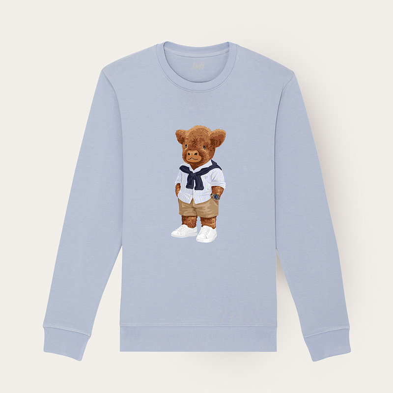 Soft unisex long-sleeved sweater with a round neck. Made of 85% organic cotton and 15% recycled polyester, featuring a full body Harvey print.