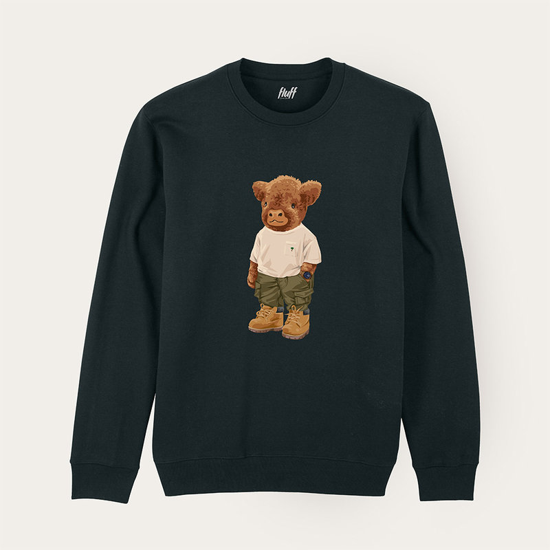 Soft unisex long-sleeved sweater with a round neck. Made of 85% organic cotton and 15% recycled polyester, featuring a full body Harvey print.