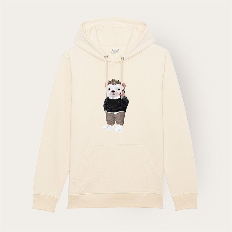 Soft unisex long-sleeved hoodie with a double layered hood and a kangaroo pocket at the front. Made of 85% organic cotton and 15% recycled polyester, featuring a full body Harvey print.