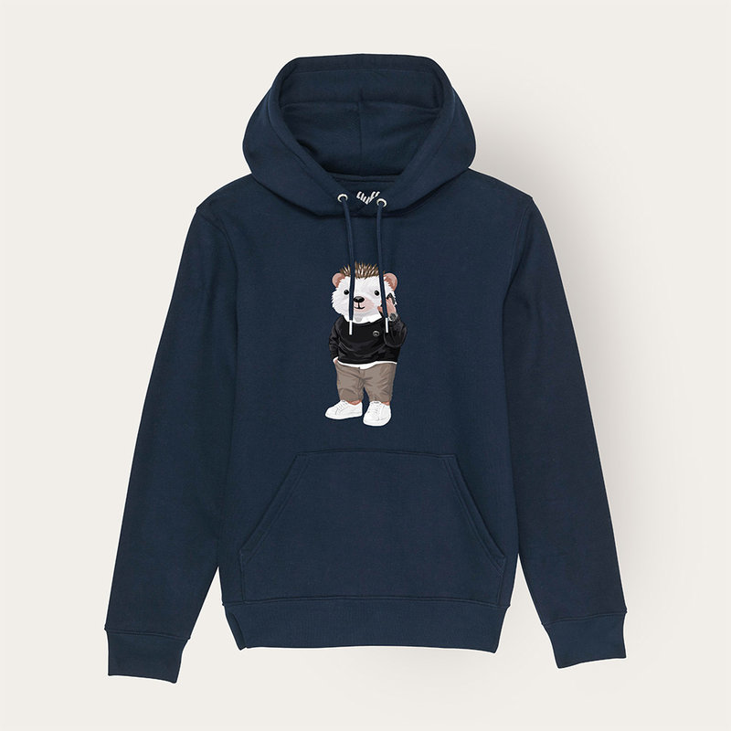 Soft unisex long-sleeved hoodie with a double layered hood and a kangaroo pocket at the front. Made of 85% organic cotton and 15% recycled polyester, featuring a full body Harvey print.