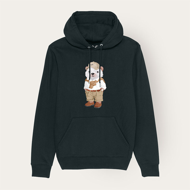 Soft unisex long-sleeved hoodie with a double layered hood and a kangaroo pocket at the front. Made of 85% organic cotton and 15% recycled polyester, featuring a full body Harvey print.