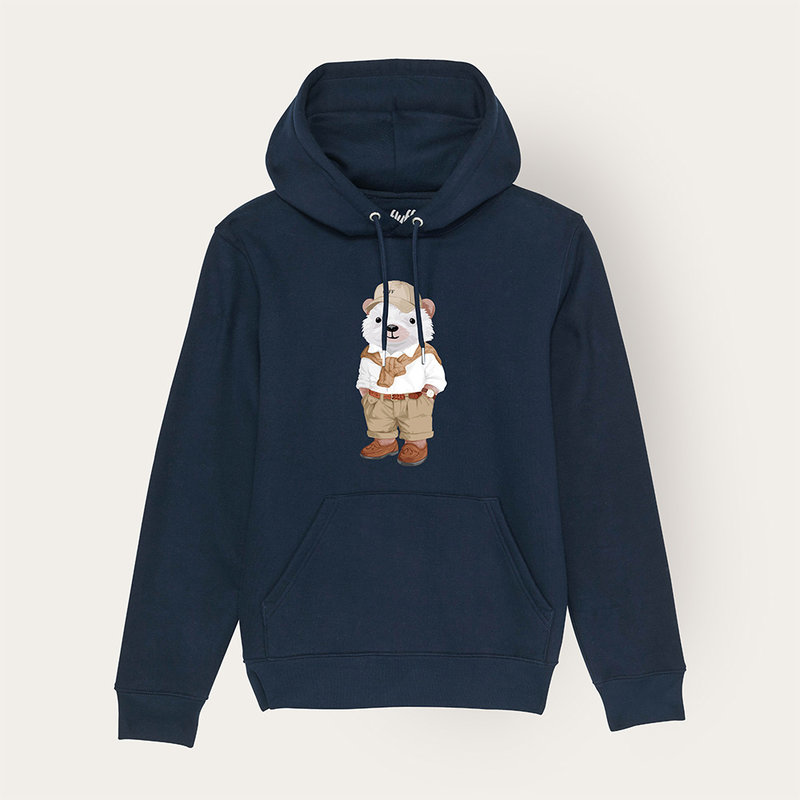 Soft unisex long-sleeved hoodie with a double layered hood and a kangaroo pocket at the front. Made of 85% organic cotton and 15% recycled polyester, featuring a full body Harvey print.