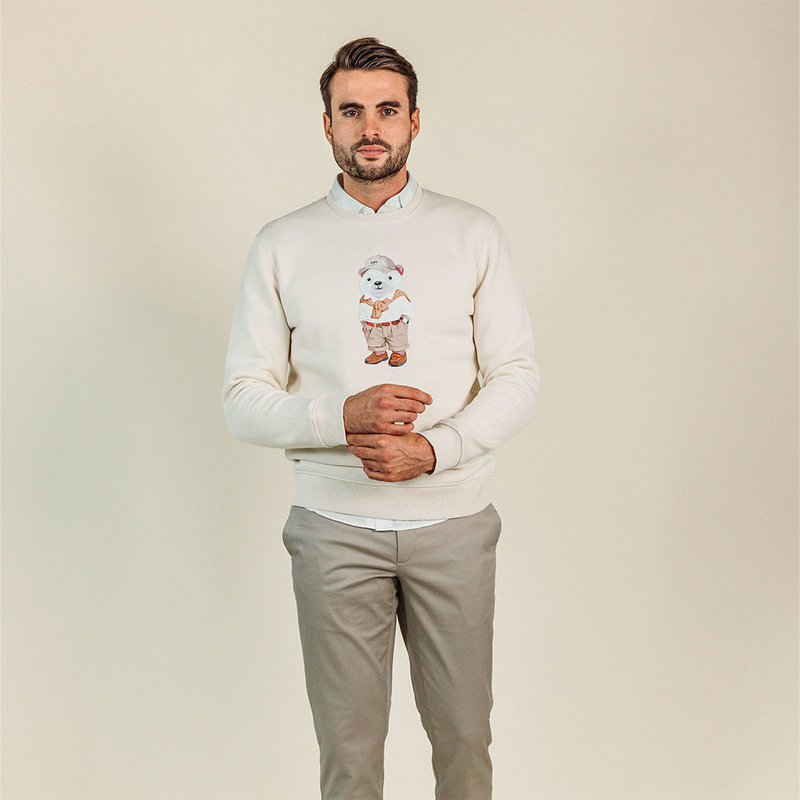 Soft unisex long-sleeved sweater with a round neck. Made of 85% organic cotton and 15% recycled polyester, featuring a full body Harvey print.