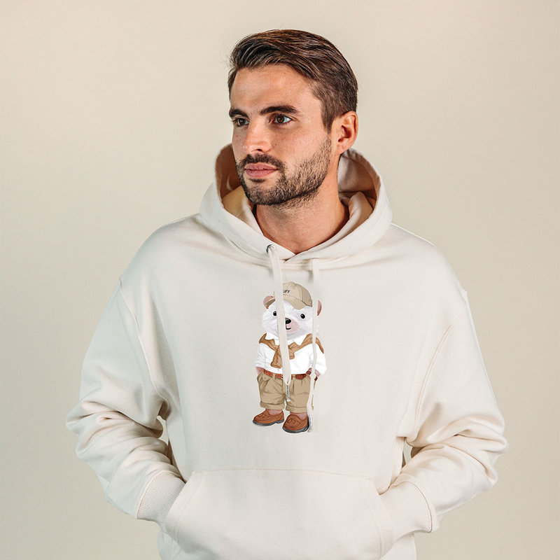 Soft unisex long-sleeved hoodie with a double layered hood and a kangaroo pocket at the front. Made of 85% organic cotton and 15% recycled polyester, featuring a full body Harvey print.