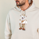 Soft unisex long-sleeved hoodie with a double layered hood and a kangaroo pocket at the front. Made of 85% organic cotton and 15% recycled polyester, featuring a full body Harvey print.