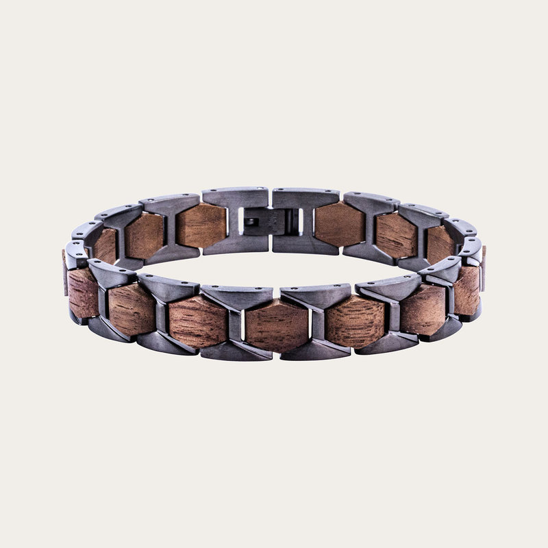 Wood and steel fusion bracelet with 12mm wide links. Pair it with a watch or wear it by itself. Comes in an engraveable wooden box.