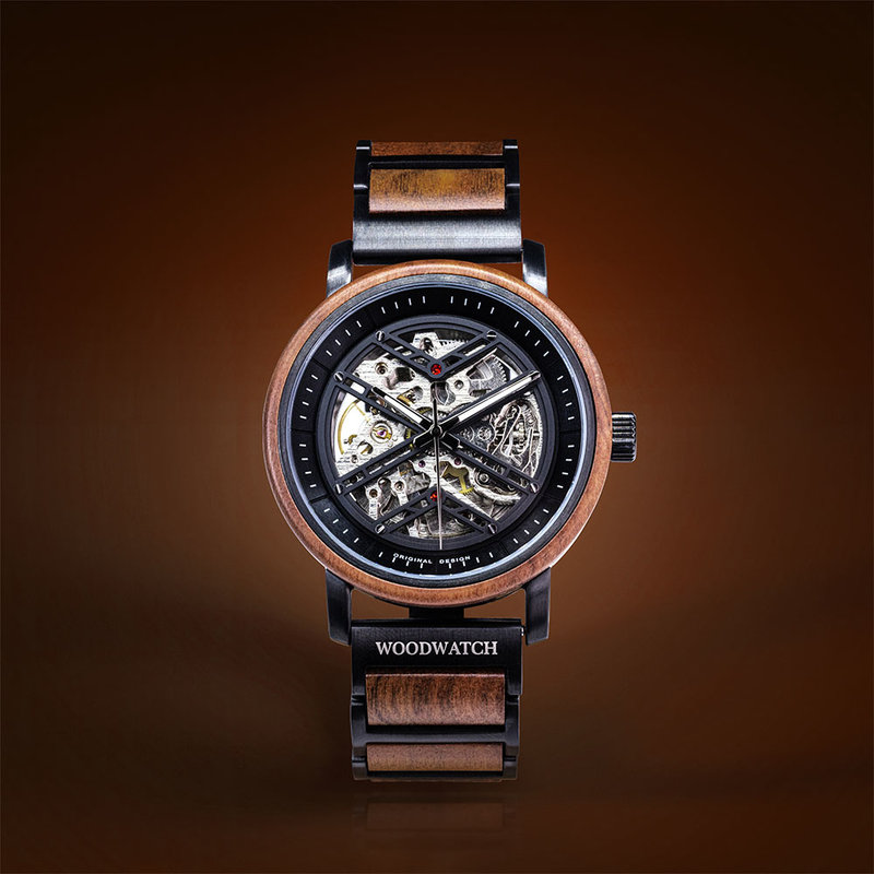 The HEROIC Red Lava is made of Tigerwood and features a black dial with dark metal details.