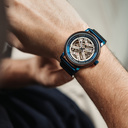 The HEROIC Neptune Rock is made of Chacate Preto wood and features a blue dial with blue details.