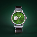 The Open-heart Pure Green is made of Chacate Preto and features a green dial with steel metal details.