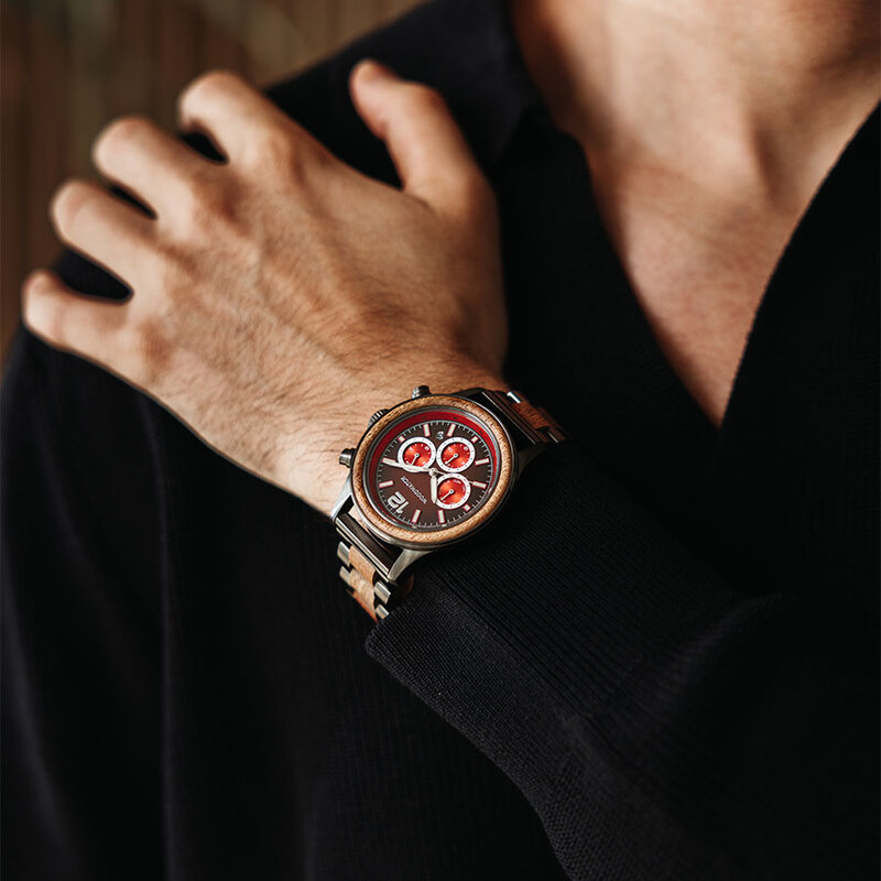 Apex Elite: Sophisticated wooden watches for men. Features Japanese Movement, chronograph, stainless steel, natural wood, red dial. Durable and stylish.