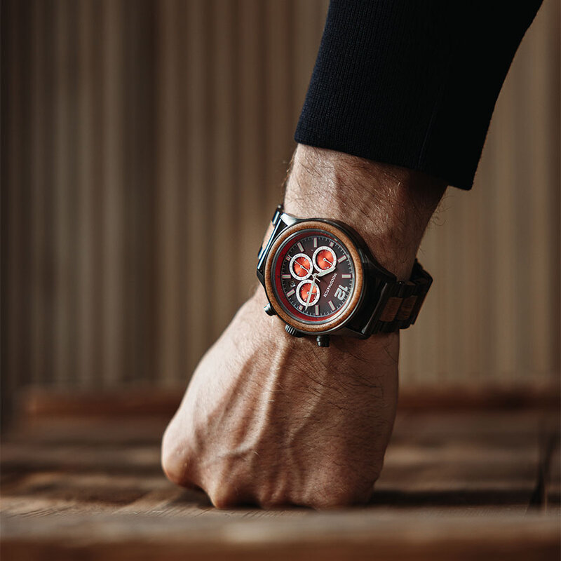 Apex Elite: Sophisticated wooden watches for men. Features Japanese Movement, chronograph, stainless steel, natural wood, red dial. Durable and stylish.