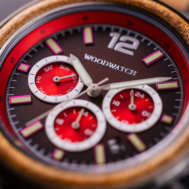 Apex Elite: Sophisticated wooden watches for men. Features Japanese Movement, chronograph, stainless steel, natural wood, red dial. Durable and stylish.