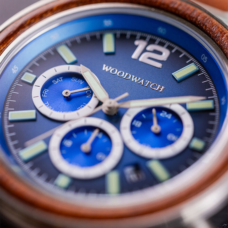 Apex Elite: Sophisticated wooden watches for men. Features Japanese Movement, chronograph, stainless steel, natural wood, blue dial. Durable and stylish.