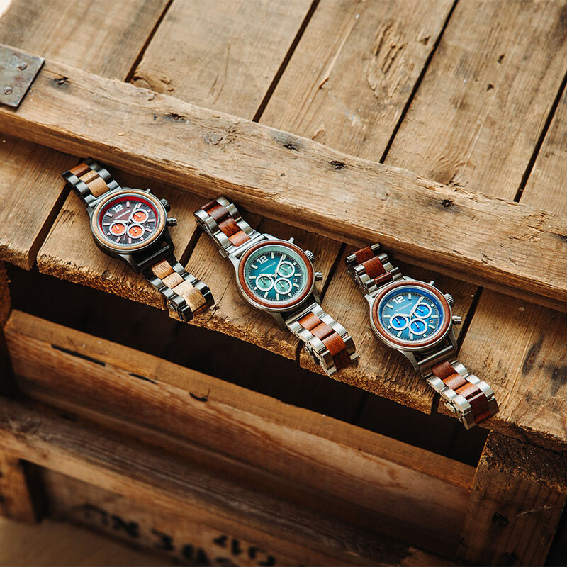Apex Elite: Sophisticated wooden watches for men. Features Japanese Movement, chronograph, stainless steel, natural wood, blue dial. Durable and stylish.