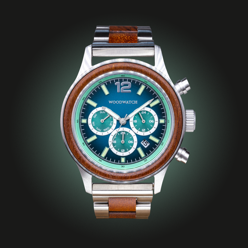 Apex Elite: Sophisticated wooden watches for men. Features Japanese Movement, chronograph, stainless steel, natural wood, green dial. Durable and stylish.