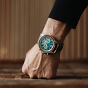 Apex Elite: Sophisticated wooden watches for men. Features Japanese Movement, chronograph, stainless steel, natural wood, green dial. Durable and stylish.