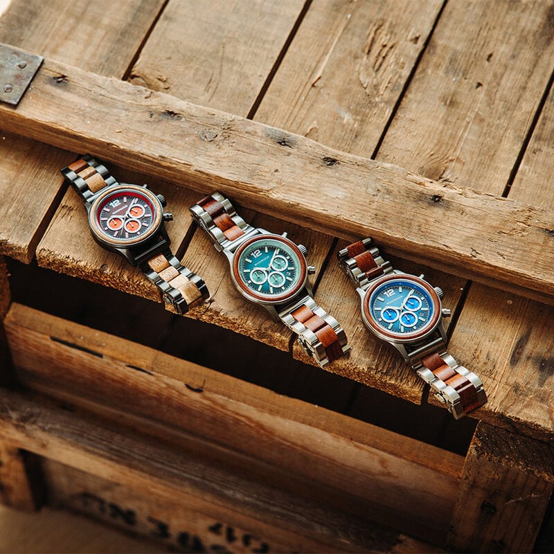 Apex Elite: Sophisticated wooden watches for men. Features Japanese Movement, chronograph, stainless steel, natural wood, green dial. Durable and stylish.