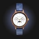 The Selene Blue Dream is crafted from walnut wood, featuring a white dial, navy blue vegan strap, and golden details.