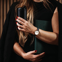 The Selene Blue Dream is crafted from walnut wood, featuring a white dial, navy blue vegan strap, and golden details.