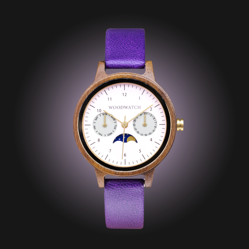 The Selene Raspberry Royale is crafted from walnut wood, featuring a pink dial, violet vegan strap, and golden details.