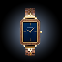 The Elegance Midnight Shade is crafted from walnut wood and stainless steel, featuring a navy blue dial with brushed gold metal details.