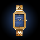 The Elegance Blue Pearl is crafted from olive wood and stainless steel, featuring a blue mother-of-pearl dial with brushed gold metal details.