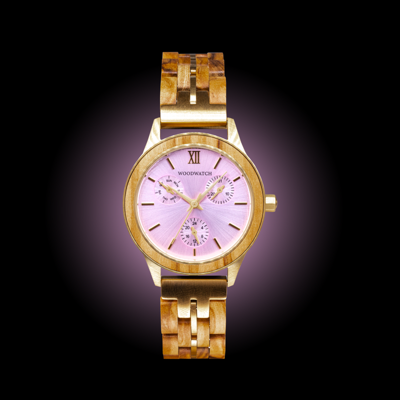 The Radiance Rose Champagne is crafted from olive wood and stainless steel brushed gold, featuring a light pink dial and brushed gold metal details.