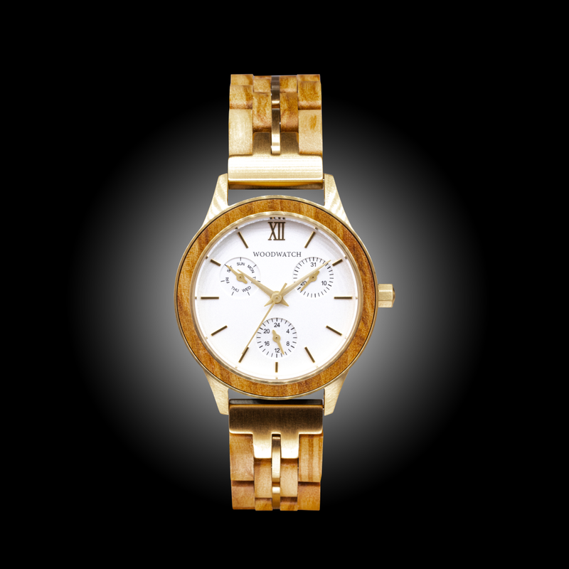 The Radiance Ivory Pearlworld is crafted from olive wood and stainless steel brushed gold, featuring a pearl white dial and brushed gold metal details.
