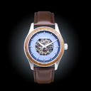The Nostalgia Espresso is crafted from walnut wood and stainless steel, featuring a matte blue dial, dark brown vegan leather strap, and brushed silver metal details.