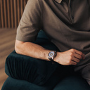 The Nostalgia Espresso is crafted from walnut wood and stainless steel, featuring a matte blue dial, dark brown vegan leather strap, and brushed silver metal details.