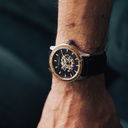 The Nostalgia Jet is crafted from walnut wood and stainless steel, featuring a matte black dial, black vegan leather strap, and brushed silver metal details.