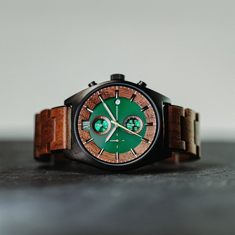 Verdant is made of Acacia wood, featuring a green dial.